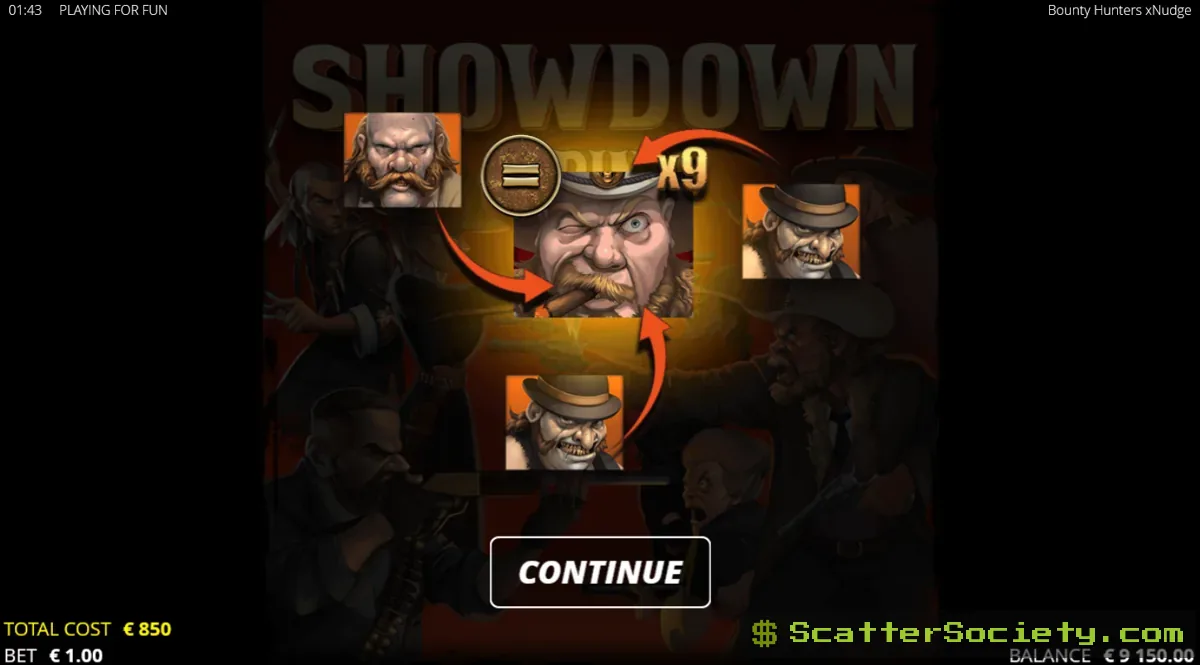 Bounty Hunters Mexican Standoff feature showing multiple sticky wild symbols with 6x multiplier values across a single row