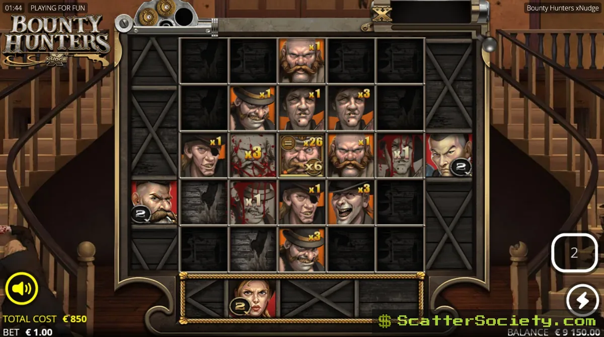 Bounty Hunters Showdown Spins bonus screen showing the Hard Honcho boss character in a gunfight with accumulating cash prizes