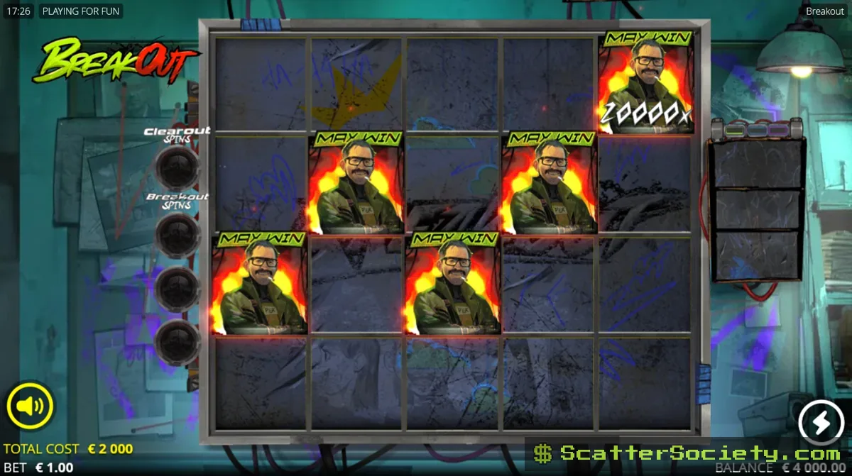 Breakout Clearout Spins bonus screen showing a Kill symbol removing a criminal symbol as its multiplier transfers to the next