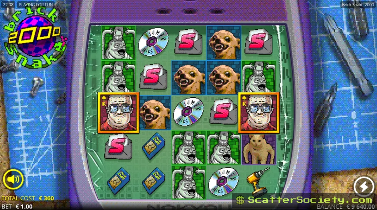 Brick Snake 2000 base game grid showing the Moving Wild Snek symbol crossing multiple positions and turning them wild