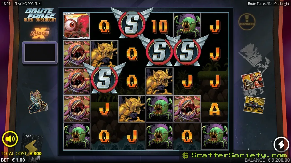 Brute Force Alien Onslaught base game showing an xNudge Wild symbol nudging into full view on the grid