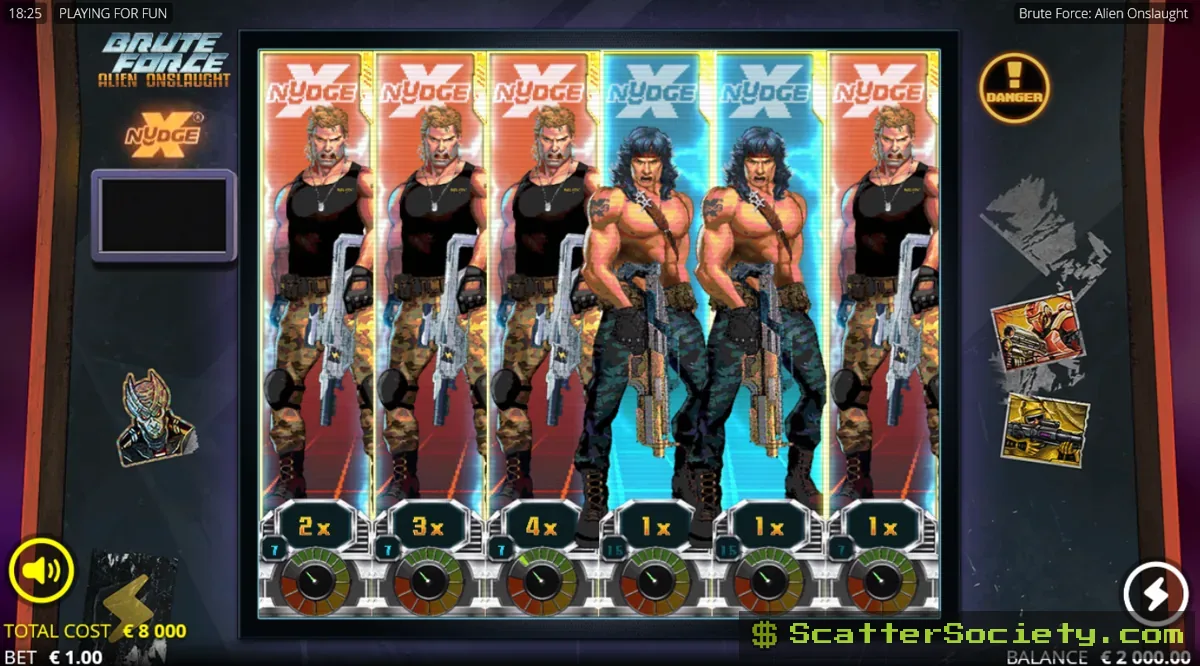 Brute Force Alien Onslaught Stellar Punishment Spins bonus screen showing multiple sticky xNudge Wilds with high multiplier values