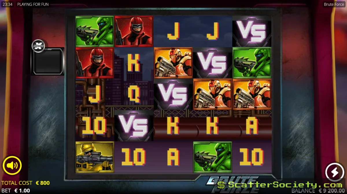 Brute Force base game grid showing a stacked xNudge Wild character symbol nudging into full view on the reels