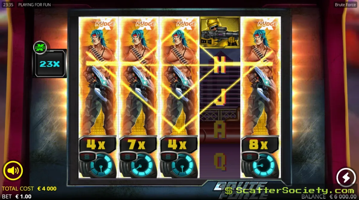 Brute Force Super Brute Spins bonus screen showing sticky xNudge Wild character symbols with an escalating combined multiplier