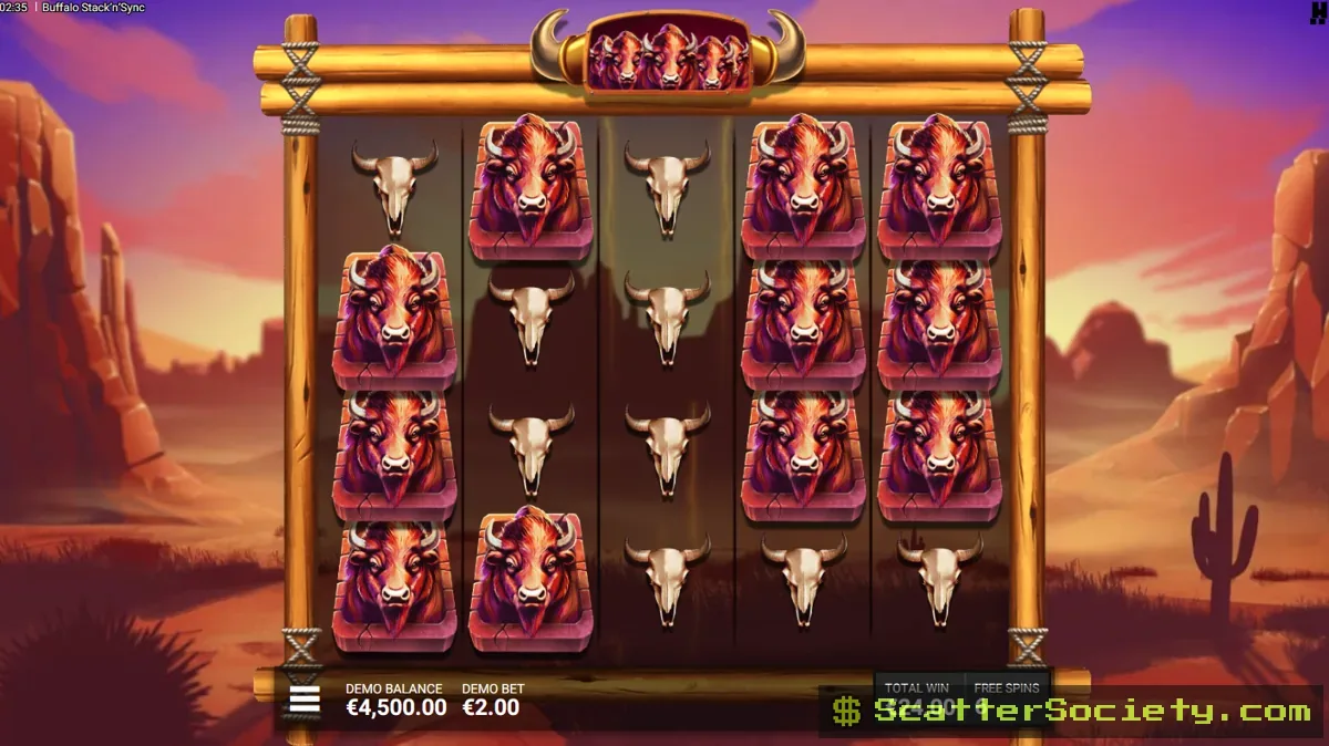 Buffalo Stack'n'Sync Stampede Spins bonus screen showing Stampede Reel multipliers active alongside synced buffalo stacks