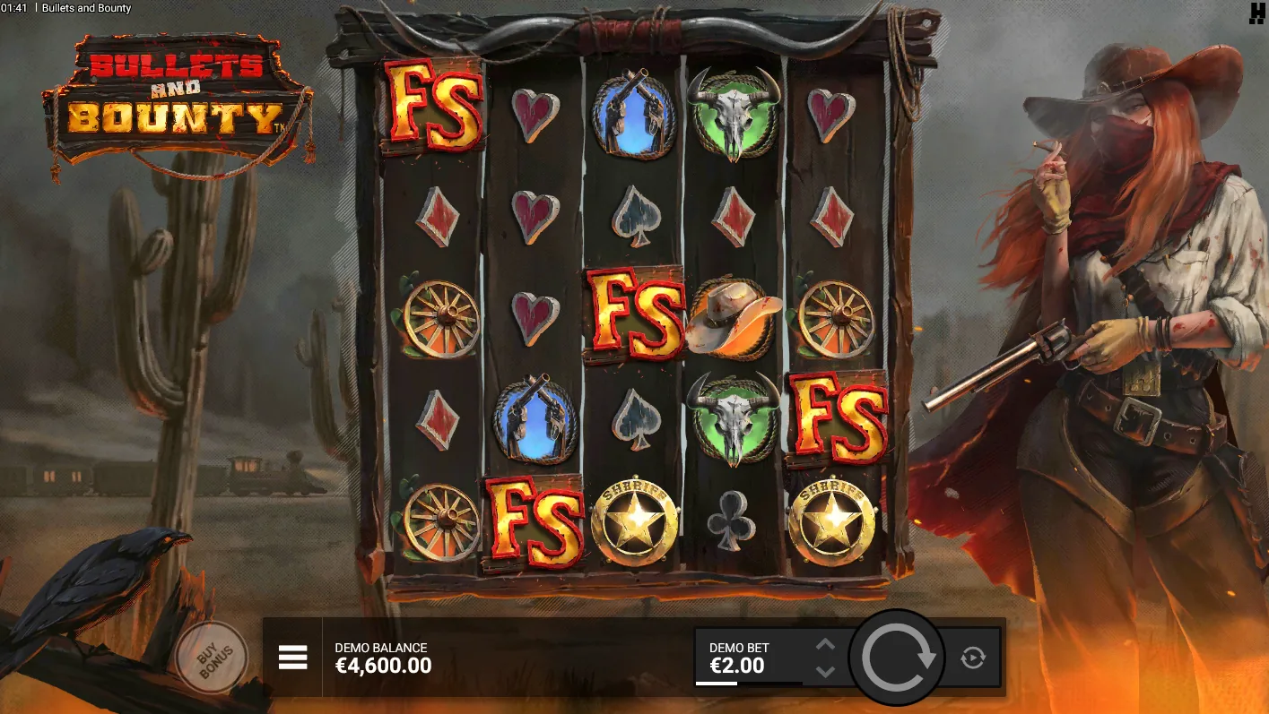 Bullets and Bounty base game grid showing a VS symbol expanding into a full-reel Wild during a duel