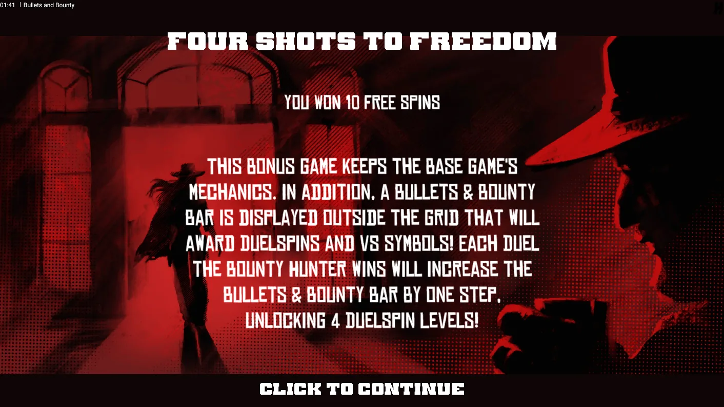 Bullets and Bounty True Grit free spins screen showing a progressive Bounty Hunter multiplier carrying over between duels
