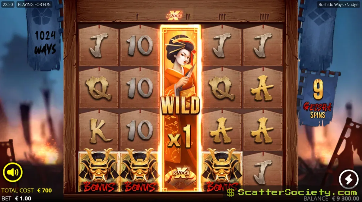 Bushido Ways base game grid showing the 4-row-high Wild Geisha xNudge symbol nudging fully into view on reel 3