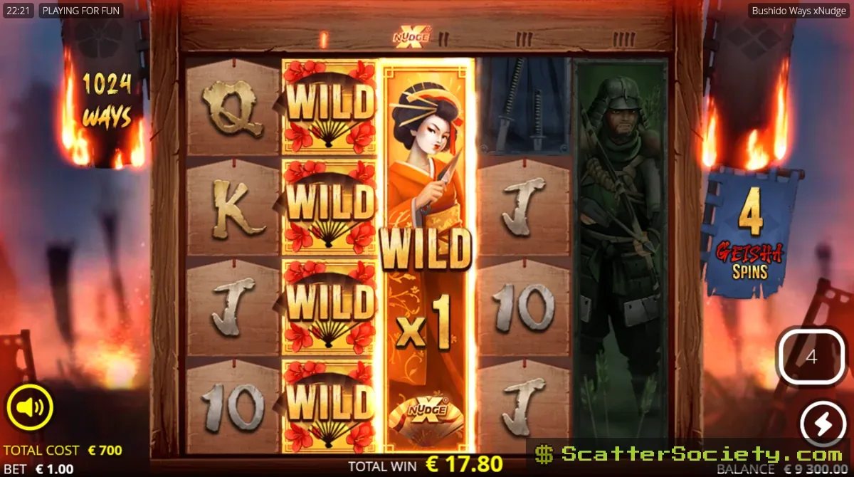 Bushido Ways Geisha Spins bonus screen showing a sticky multiplier climbing toward 4x across multiple free spins