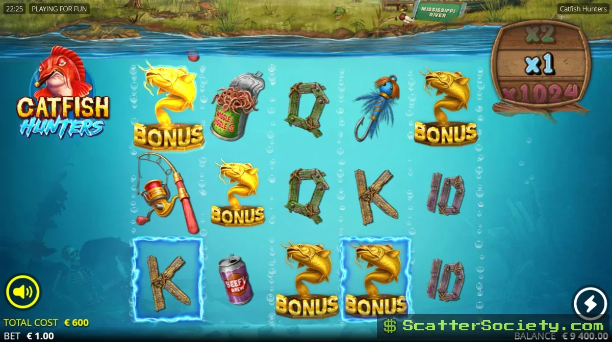 Catfish Hunters base game showing an angler character holding a rod next to red gem symbols