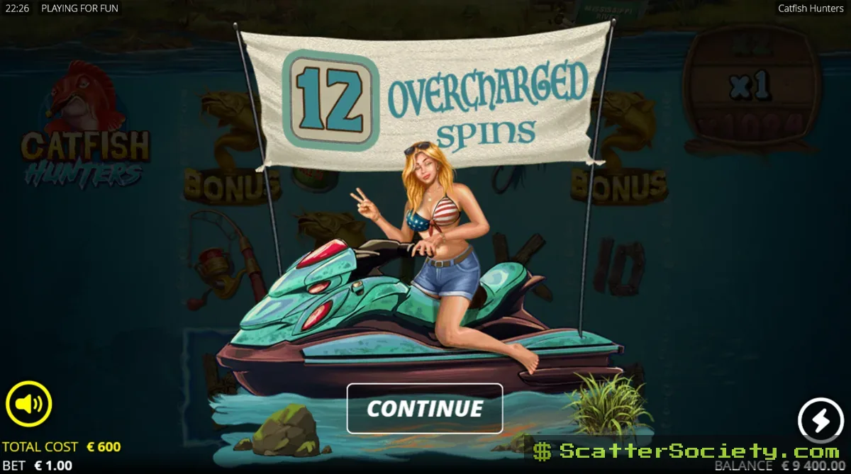 Catfish Hunters bonus screen showing Congratulations message and locked multiplier and free spins symbols