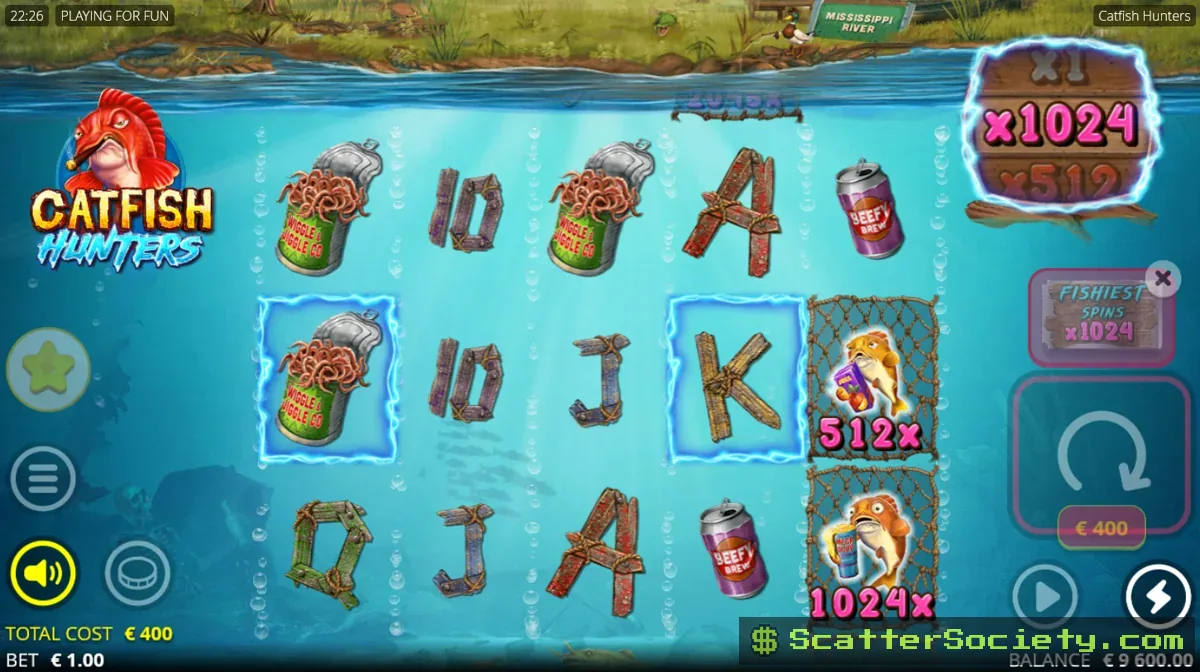 Catfish Hunters grid showing multiple bomb and fish symbols with x500 and x1000 multiplier coins