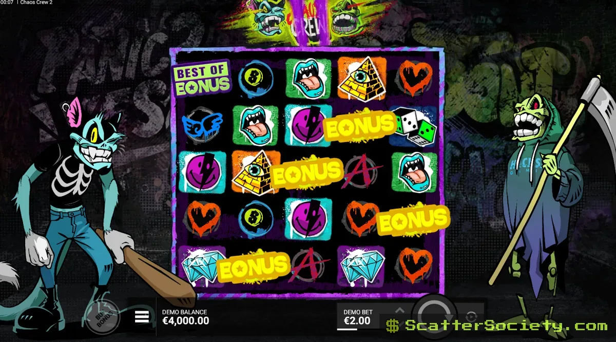 Chaos Crew 2 base game grid showing the Epic Drop feature triggering randomly with multiplier symbols across the reels