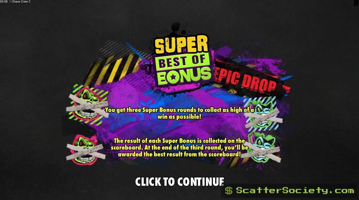 Chaos Crew 2 grid showing Cranky Cat and Sketchy Skull symbols alongside multiplier values building toward a bonus trigger