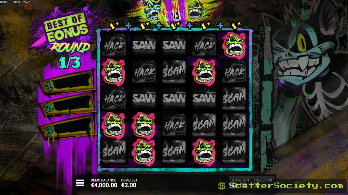 Chaos Crew 2 Best of Bonus feature screen showing three completed bonus round attempts with the highest result being selected