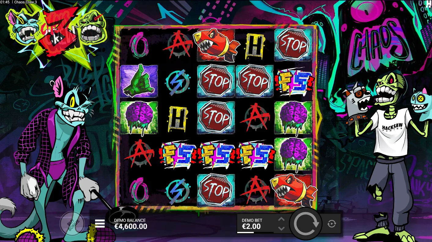 Chaos Crew 3 base game grid showing This Cat Is Cranky, the wild multiplier symbol, substituting across a winning combination
