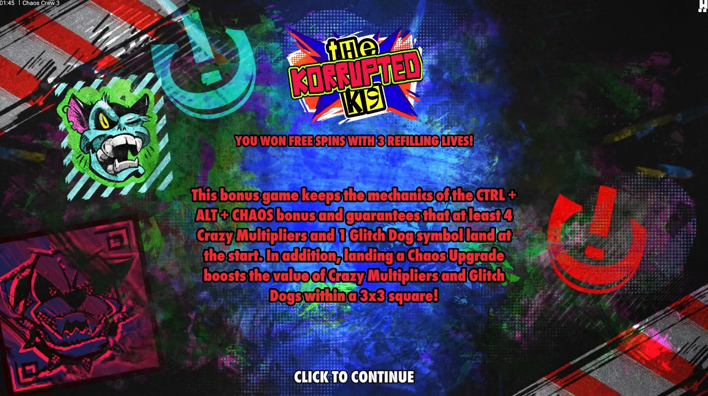 Chaos Crew 3 Ctrl Alt Chaos Bonus screen showing the Glitch Dog roaming the grid revealing Crazy Multipliers with a lives counter