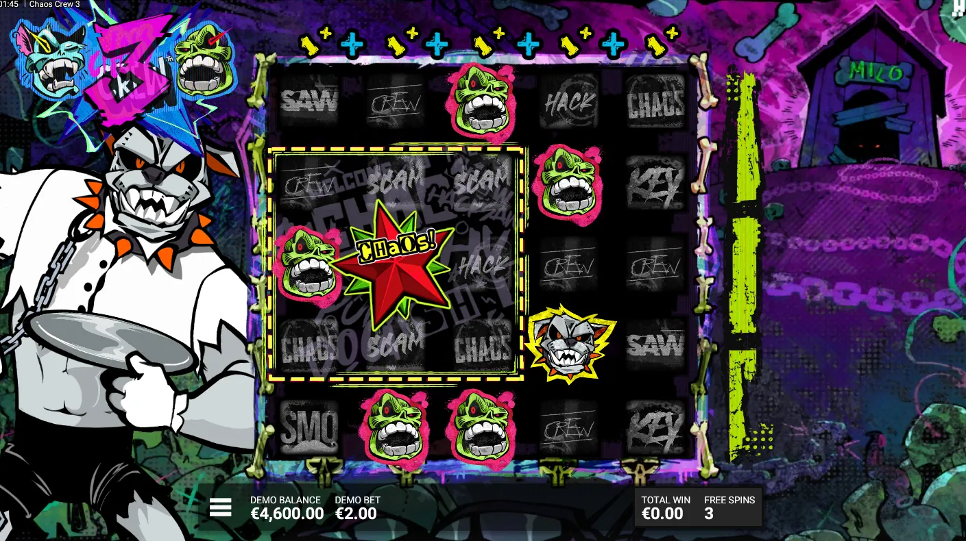 Chaos Crew 3 Korrupted K9 Bonus screen showing a Chaos Upgrade symbol boosting a 3x3 zone of multipliers