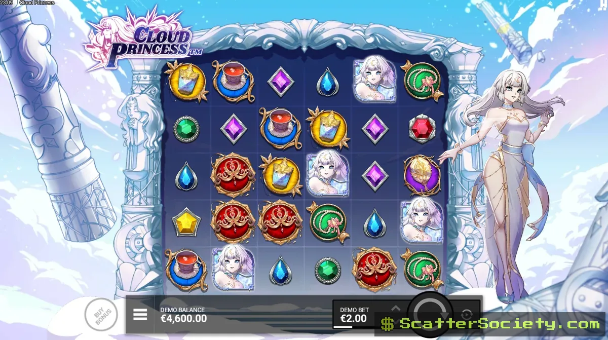 Cloud Princess base game grid showing a multiplier symbol among gemstone icons against a pale blue sky backdrop