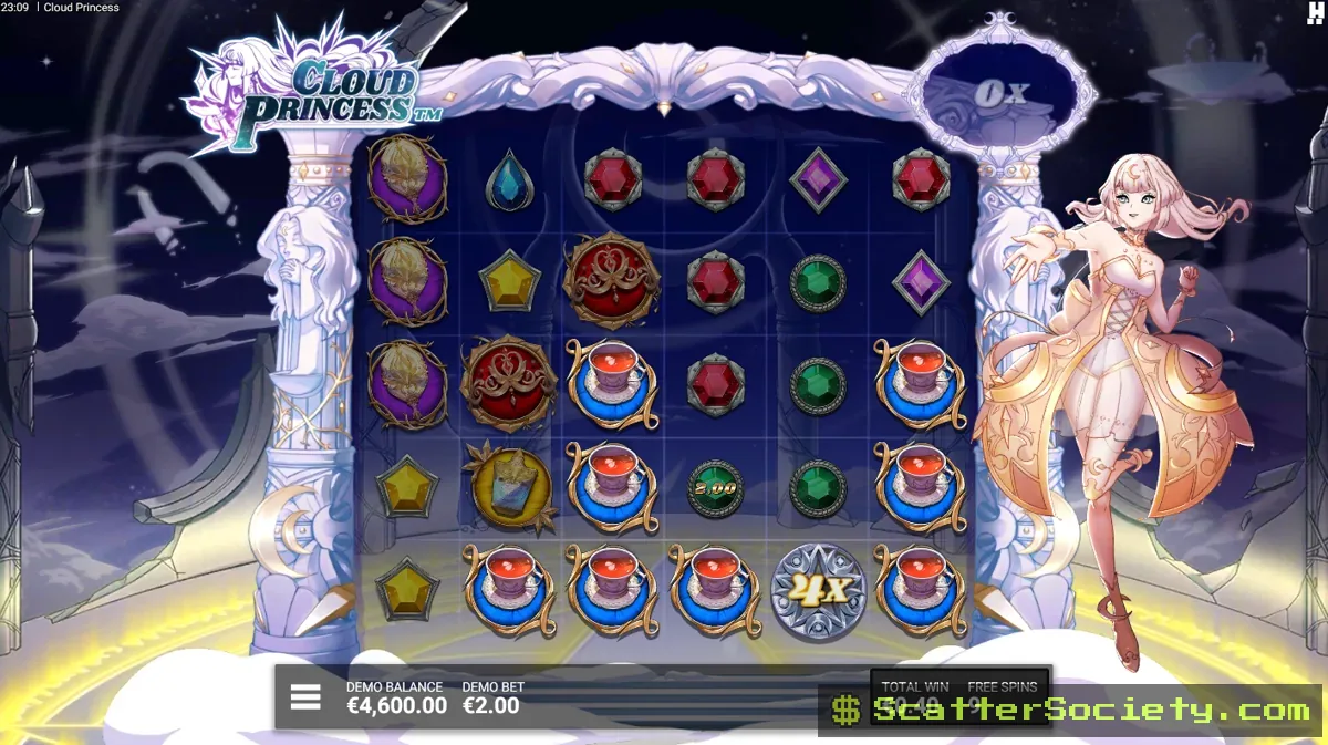 Cloud Princess Divine Boost bonus screen showing a progressively climbing multiplier value across multiple consecutive free spins