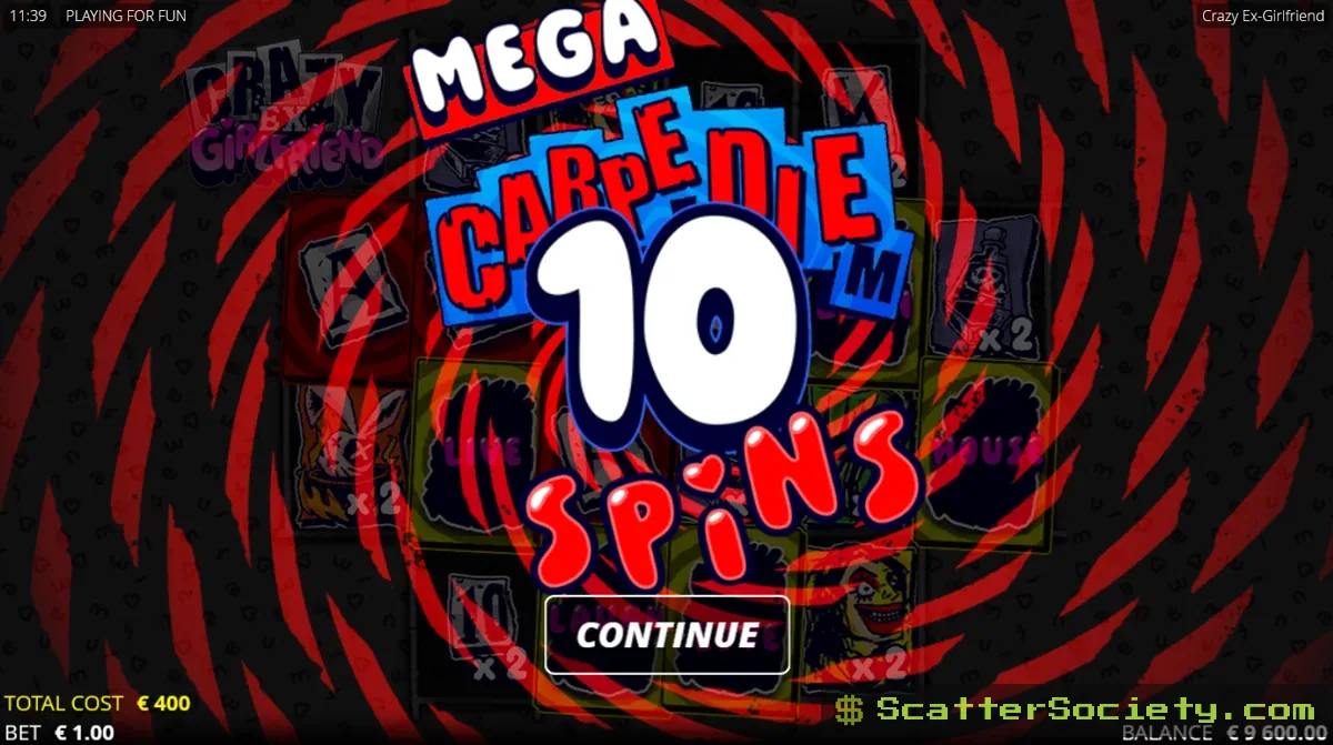 Crazy Ex-Girlfriend Rebound Spins screen showing sticky winning symbols and a growing multiplier counter