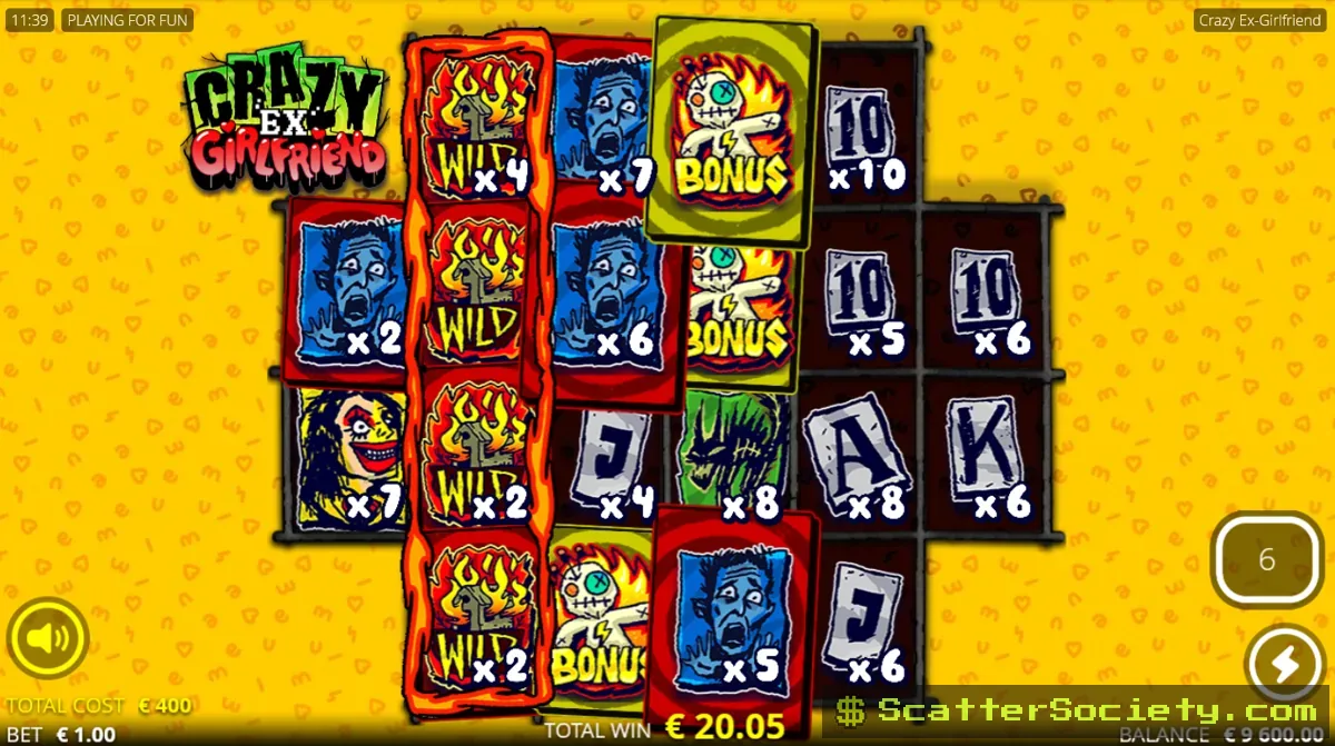 Crazy Ex-Girlfriend free spins grid showing multiple sticky wild symbols stacked on the second reel