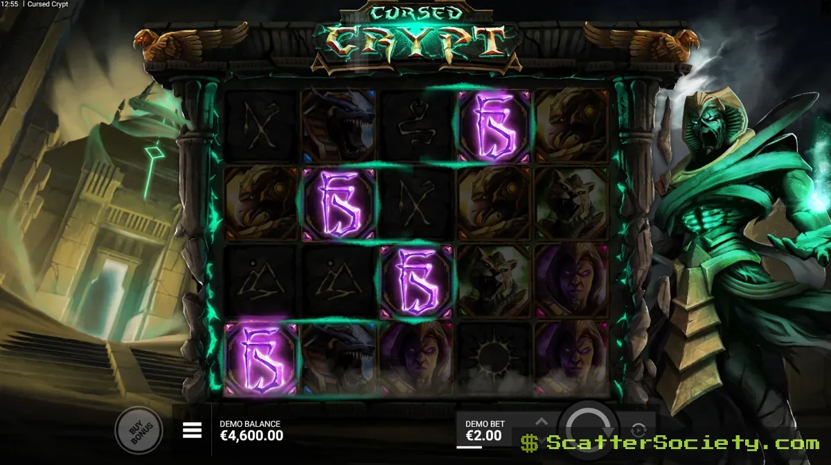 Cursed Crypt base game grid showing a Curse symbol spreading upward through the reels and transforming positions along the way