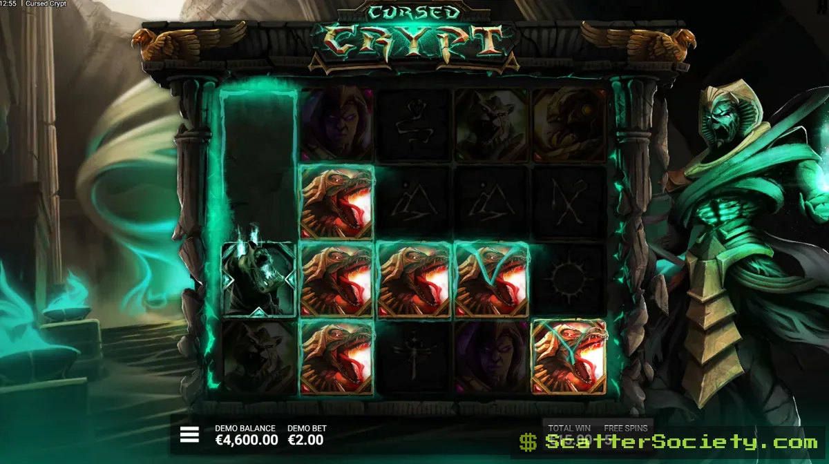 Cursed Crypt Tomb of Tutankhamun bonus screen showing cursed positions filling exclusively with high value symbols across the grid