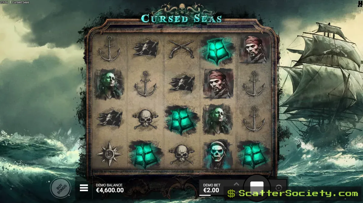 Cursed Seas base game grid showing a Cursed Chest symbol revealing a multiplier value among pirate ship symbols