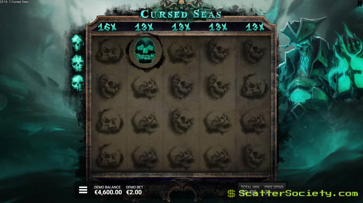 Cursed Seas grid showing multiple Cursed Chest multipliers adding together across several positions on the reels