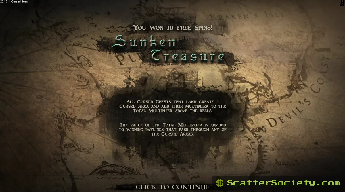 Cursed Seas Dead Men Tell No Tales bonus screen showing multiple reel multipliers building from Skull and Kraken symbols