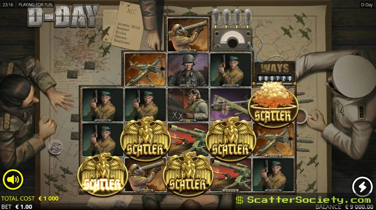D-Day base game grid showing multiple Bomber symbols transforming paying symbols into wilds across several reels