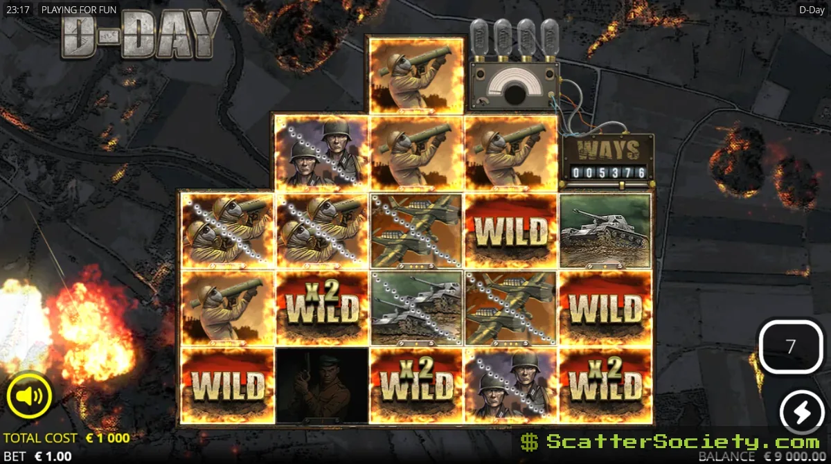 D-Day Overlord Spins bonus screen showing all three modifiers active alongside a guaranteed Atomic Wild multiplier