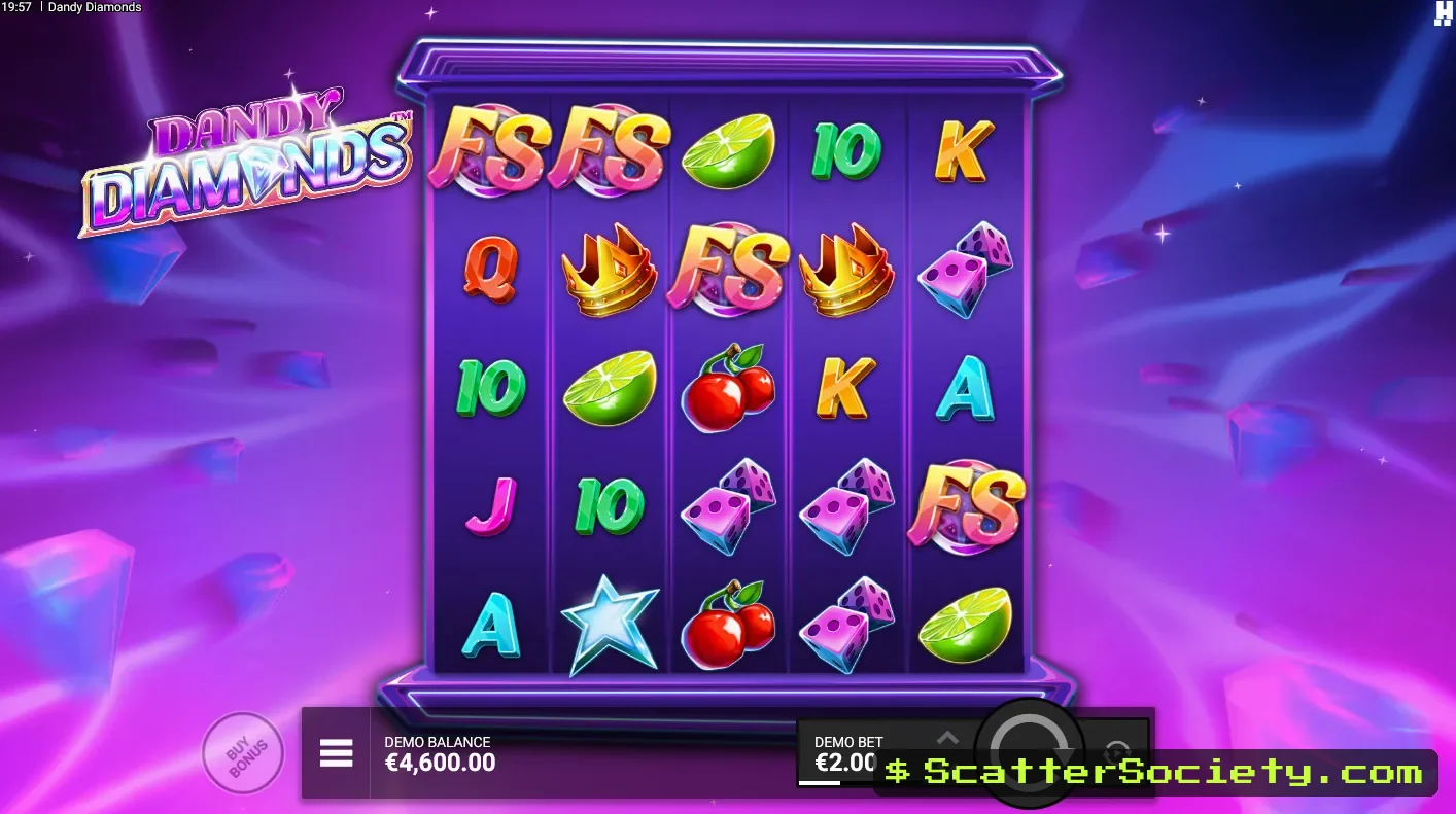 Dandy Diamonds base game grid showing a Diamond Wild symbol revealing an additive multiplier and triggering a respin