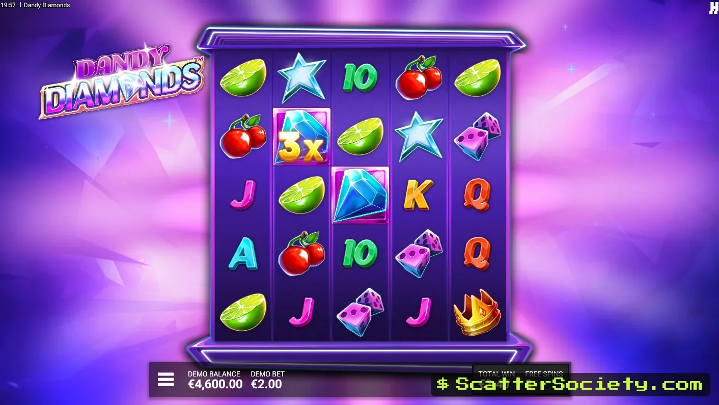 Dandy Diamonds Ice and Shine bonus screen showing a guaranteed 3x3 Colossal Diamond on the first spin of the round
