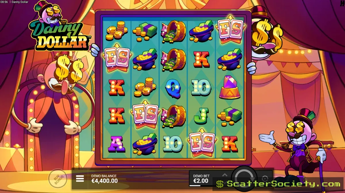 Danny Dollar base game grid showing an expanding Dollar Reel symbol among 1930s cartoon vaudeville themed icons