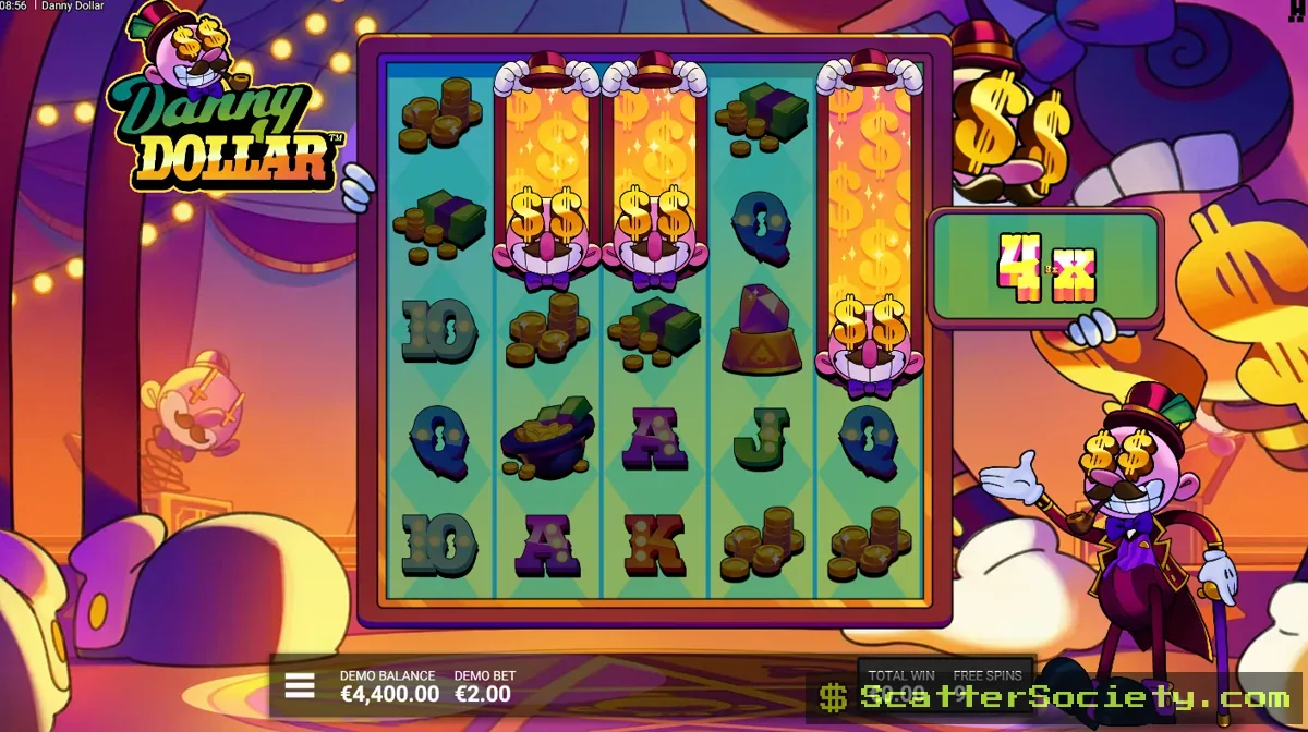 Danny Dollar free spins bonus screen showing an expanded Dollar Reel with a large Progressive Multiplier value applied