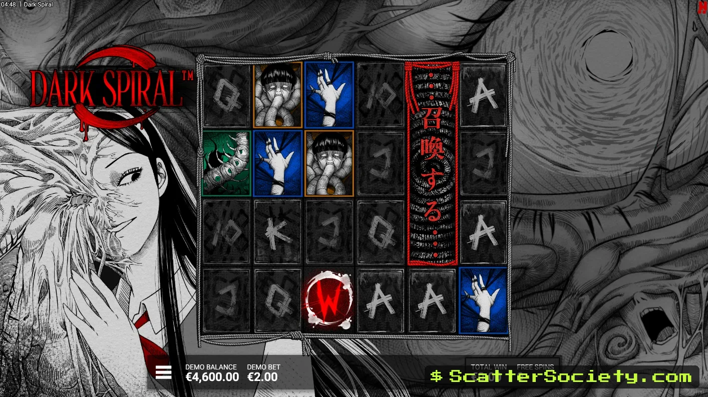 Dark Spiral Tortured bonus screen showing 2 guaranteed Summoning symbols active from the first spin