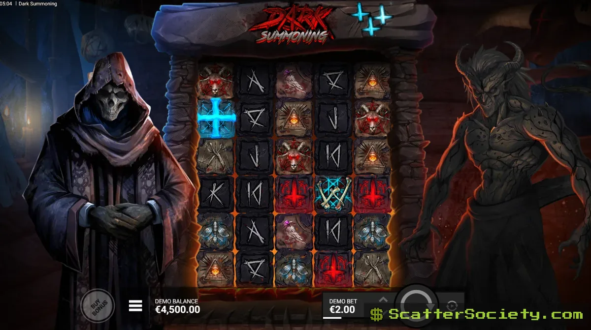 Dark Summoning base game grid showing a Summoning symbol expanding after a wild lands beside it during cascading wins