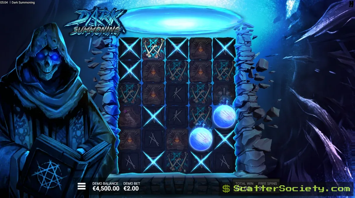 Dark Summoning Rise to Salvation Free Spins bonus screen showing multiple expanded Summoning symbols compounding with Wild Multipliers