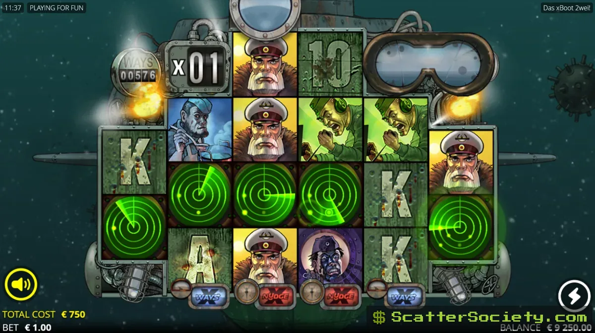Das xBoot 2wei base game showing a full-height xNudge Wild symbol nudging into view on reel 4