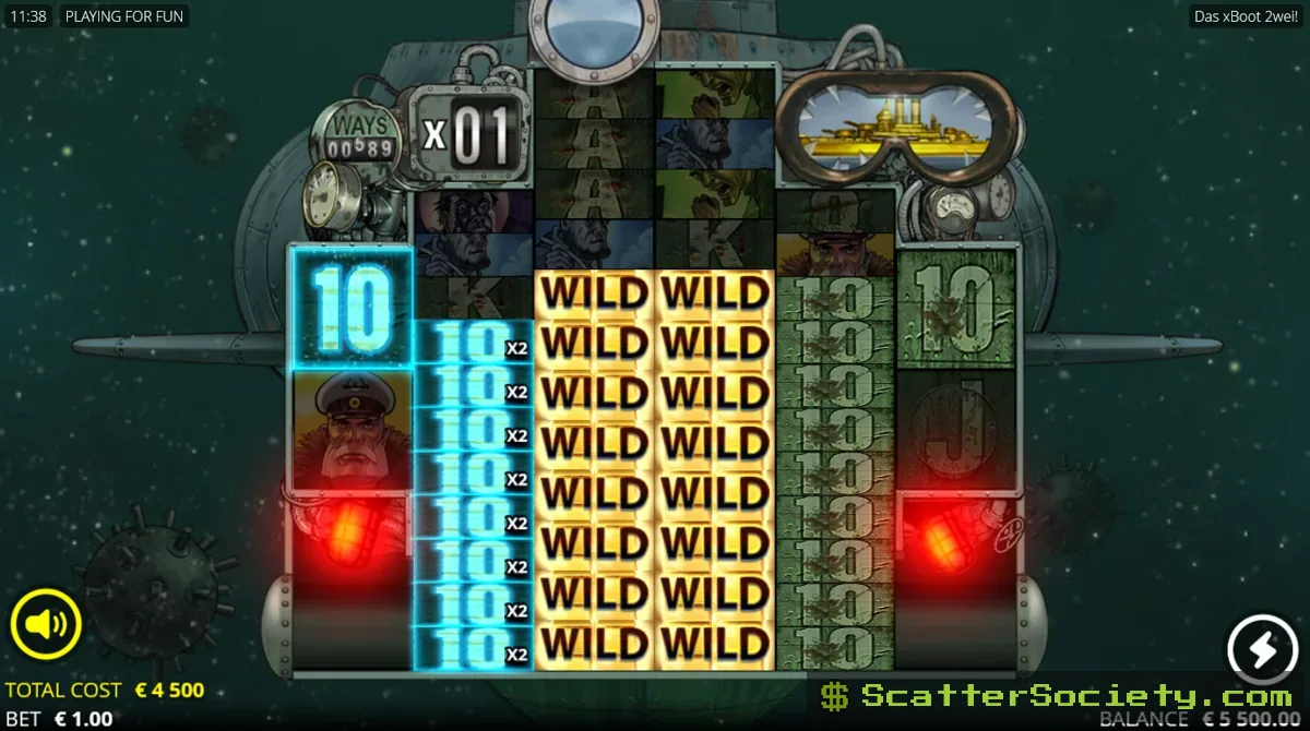Das xBoot 2wei Battle of the Atlantic Spins bonus screen combining Periscope Up and Torpedo Builder mechanics