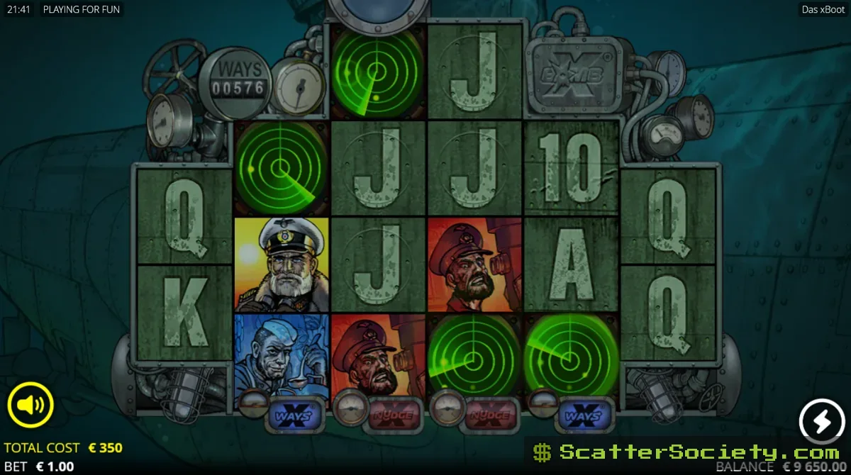 Das xBoot base game grid showing a full-height xNudge Wild submarine symbol nudging downward with a rising torpedo counter
