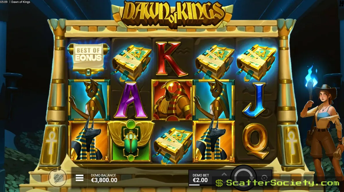 Dawn of Kings base game grid showing the Golden Book symbol expanding to pay anywhere across the reels