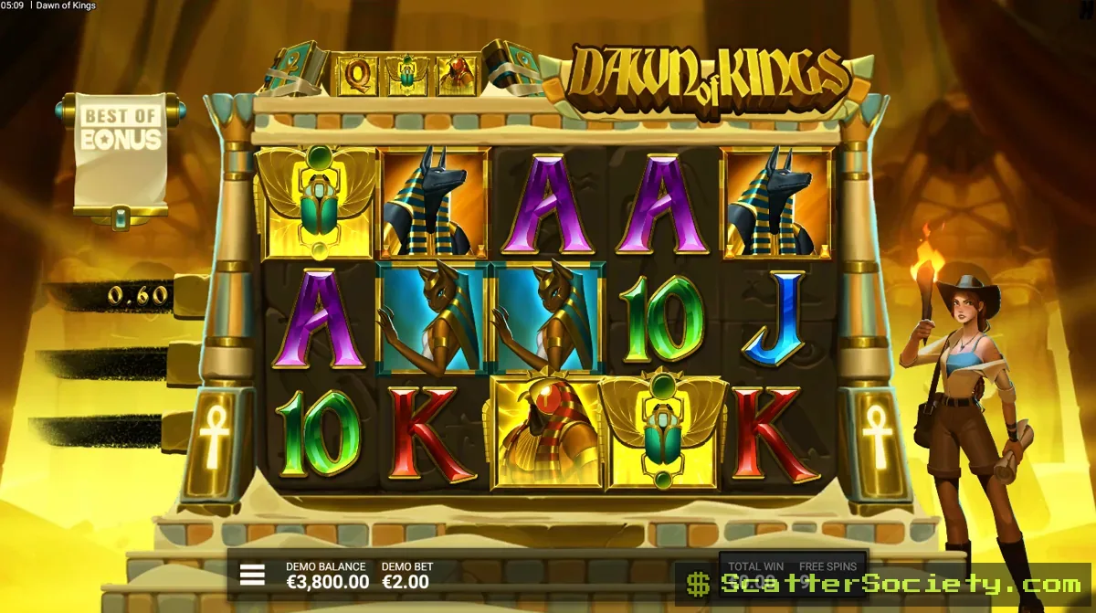 Dawn of Kings Triple Book of Dawn bonus screen showing multiple expanded symbols compounding across an extended free spins sequence
