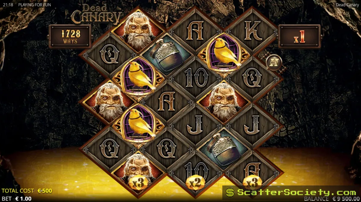 Dead Canary base game grid showing the diagonally slanted reel layout with an xBomb Wild exploding in a cross pattern