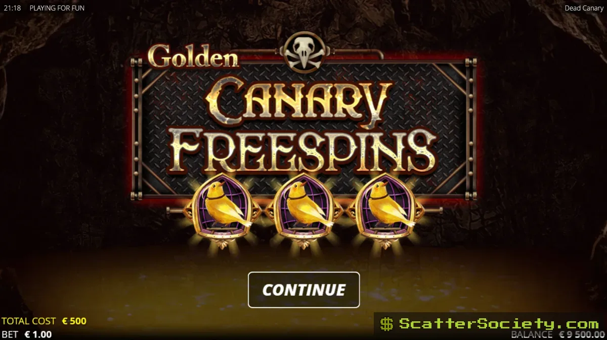 Dead Canary Canary Free Spins bonus screen showing a caged canary collecting coins and multipliers from adjacent positions