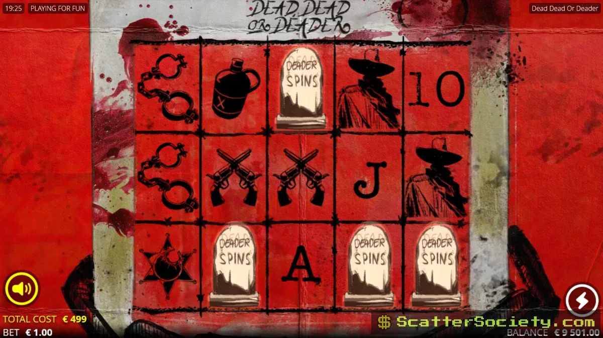 Dead Dead or Deader base game grid showing a skull wild symbol with a multiplier value on the leftmost reel