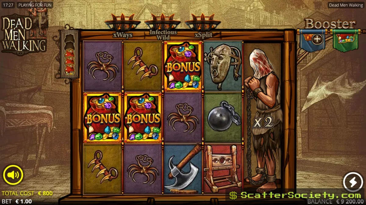 Dead Men Walking base game grid showing an orange scroll dropping from a Fire Pit above the reels