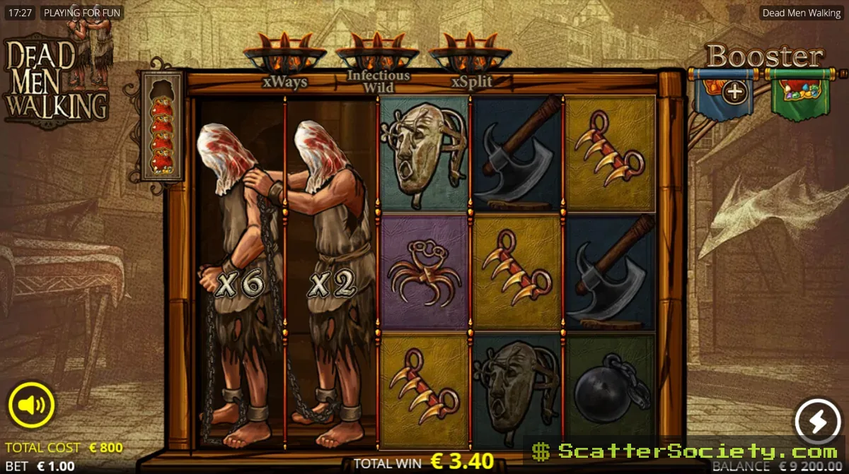 Dead Men Walking free spins bonus screen showing multiple gold coins collecting on a 5x5 grid with feature coin symbols